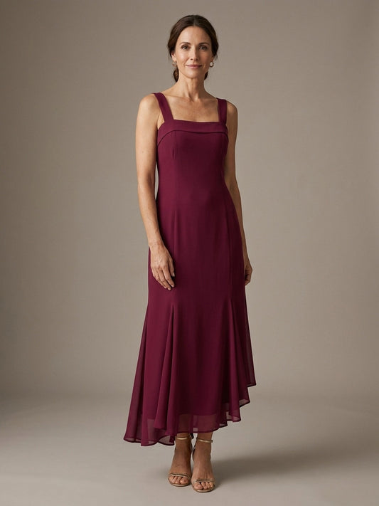 Vestido Largo de Gasa con Volante Asimétrico - Burdeos