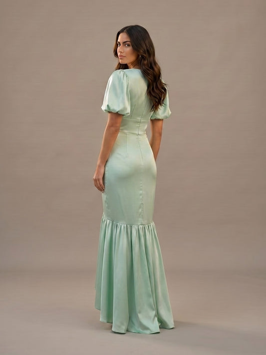 Vestido Largo Satinado de Manga Abullonada