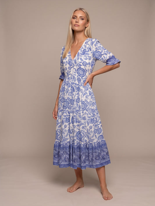 Manoli | Vestido Midi Floral con Cuello en V - Azul