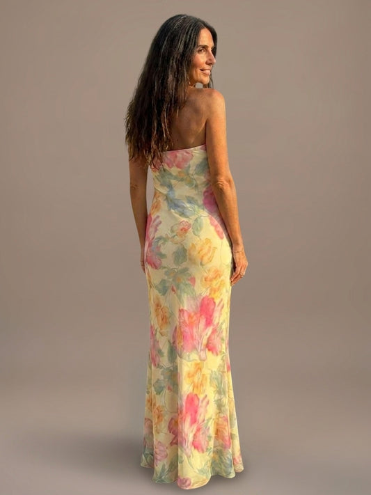 Vestido Largo Palabra de Honor Floral Acuarela - Acuarela Pastel