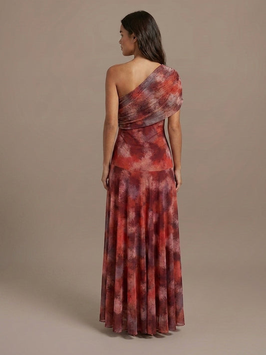 Vestido Largo de Un Hombro Estampado Acuarela - Rojo Acuarela