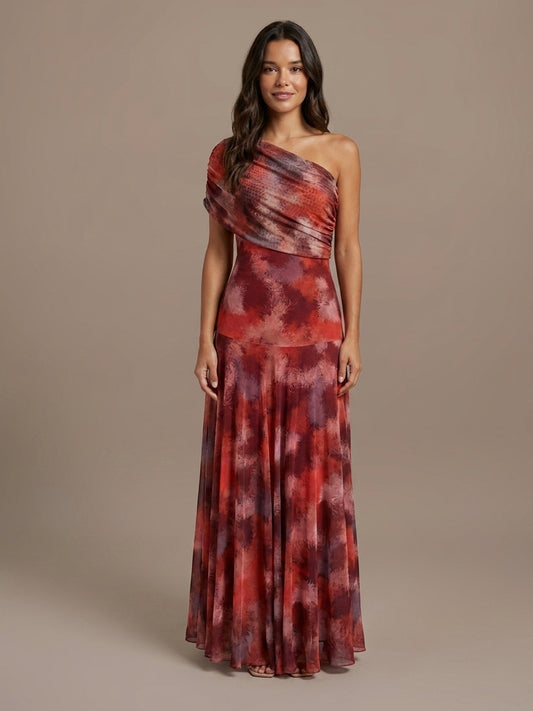 Vestido Largo de Un Hombro Estampado Acuarela - Rojo Acuarela