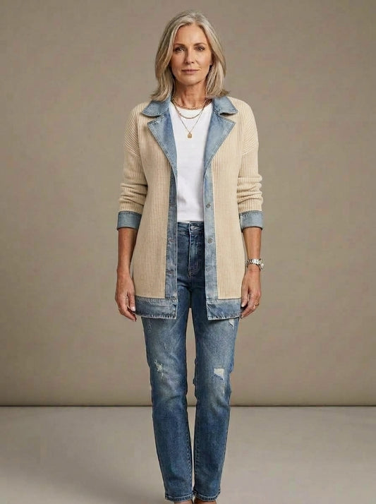 Martina — Chaqueta de Punto Acanalado con Vaquero - Blanco Roto · héroe