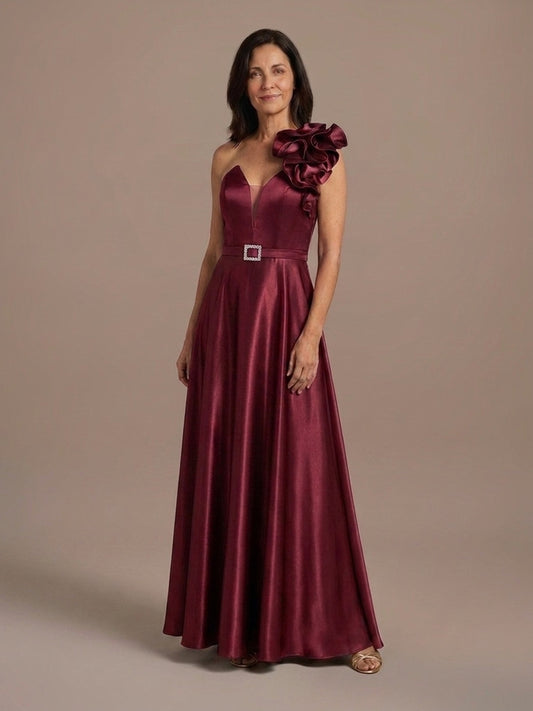 Vestido Satinado con Flor en el Hombro