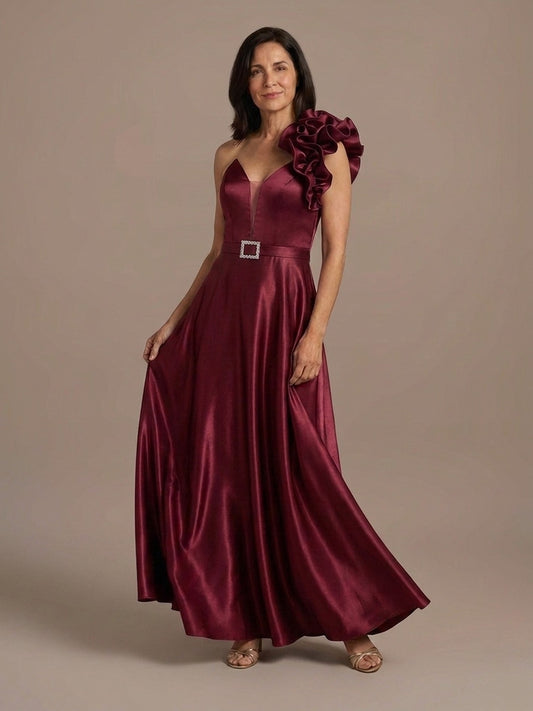 Vestido Satinado con Flor en el Hombro