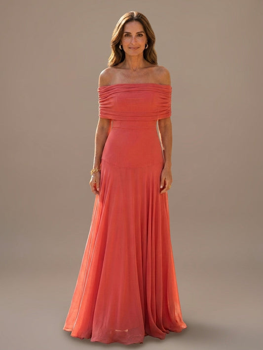 Vestido Largo de Gasa con Hombros Descubiertos - Coral