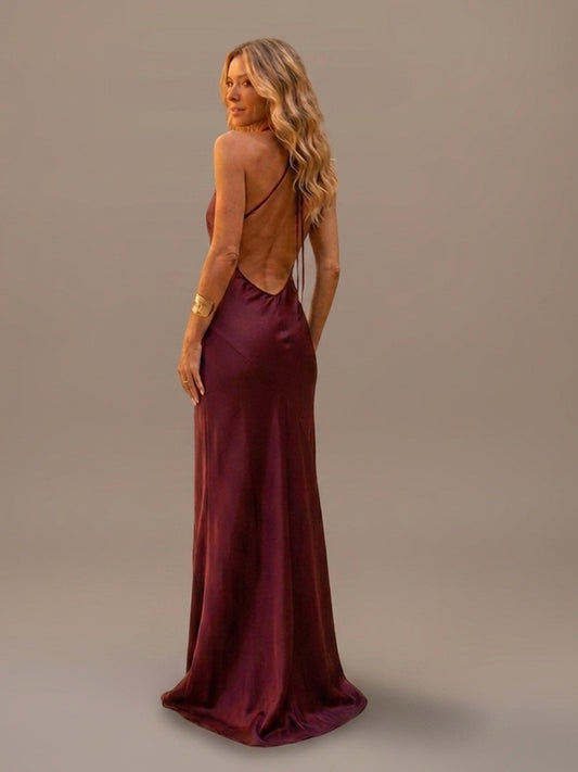 Vestido Largo Satinado con Escote Drapeado - Burdeos