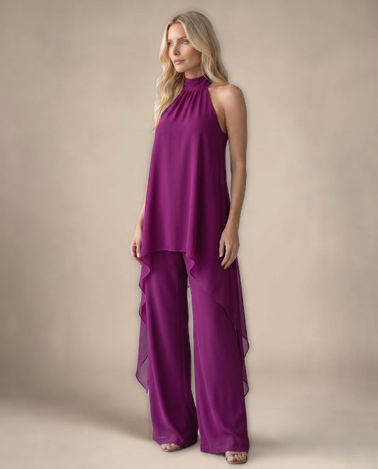 Conjunto Halter de Gasa y Pantalón Palazzo