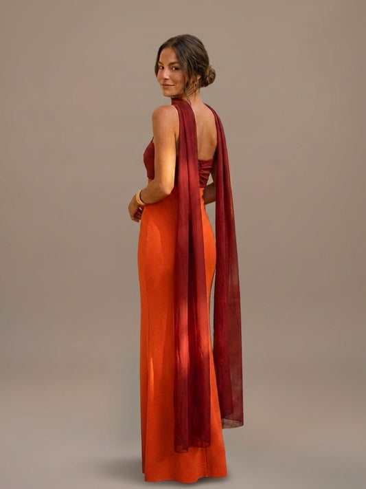 Vestido Largo Drapeado Bicolor - Naranja y Burdeos