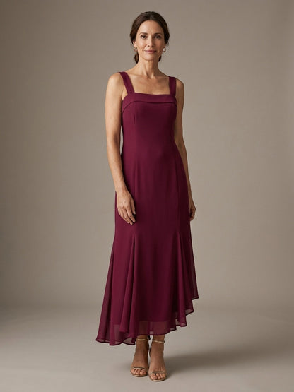 Vestido Largo de Gasa con Volante Asimétrico - Burdeos