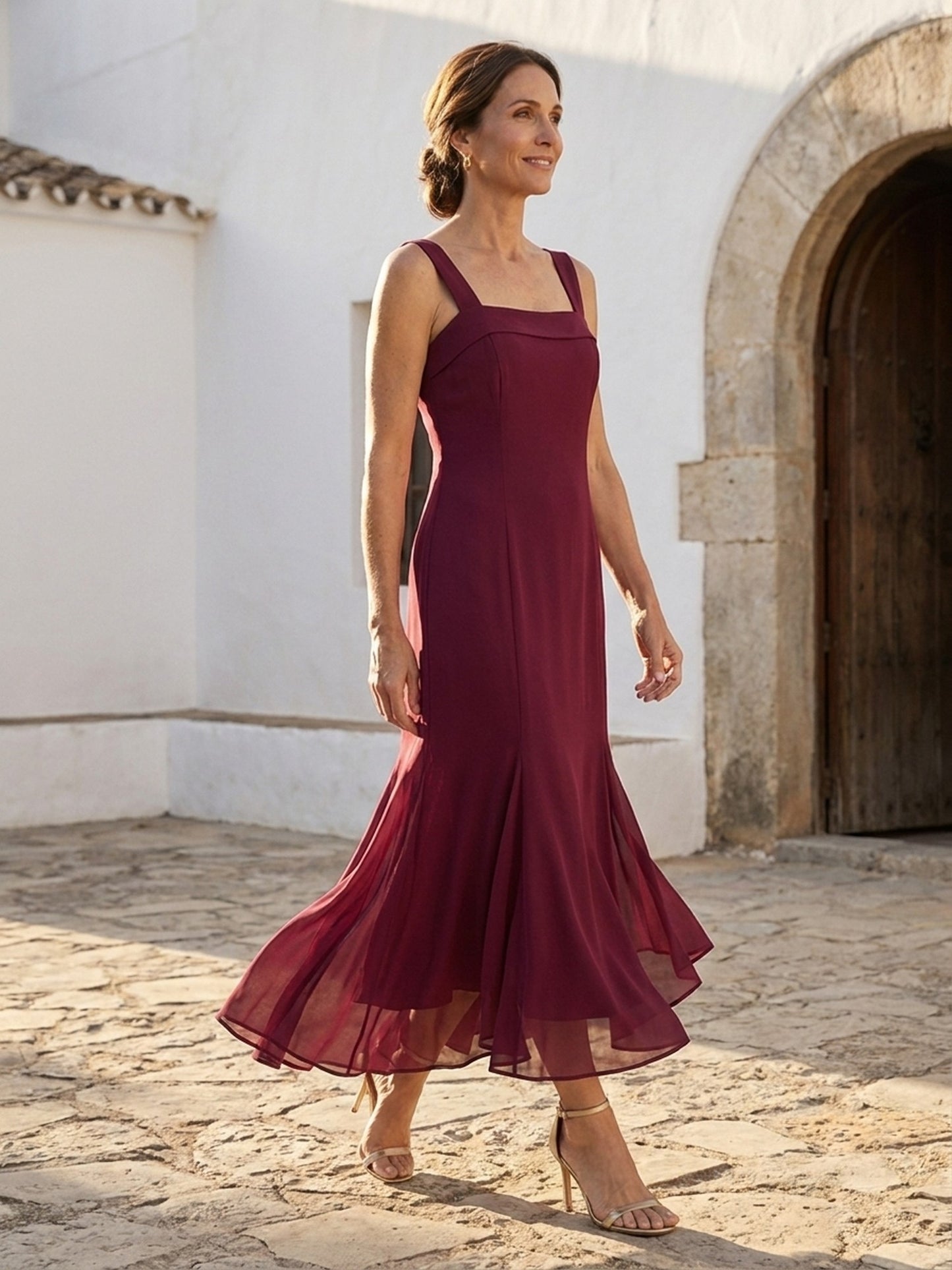 Vestido Largo de Gasa con Volante Asimétrico - Burdeos