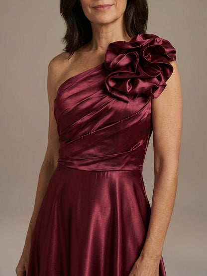 Vestido Satinado con Flor en el Hombro