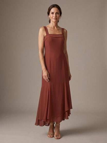 Vestido Largo de Gasa con Volante Asimétrico - Caldera