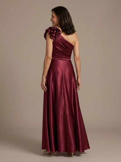 Vestido Satinado con Flor en el Hombro