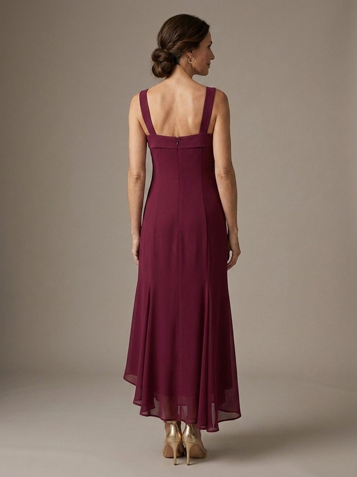 Vestido Largo de Gasa con Volante Asimétrico - Burdeos