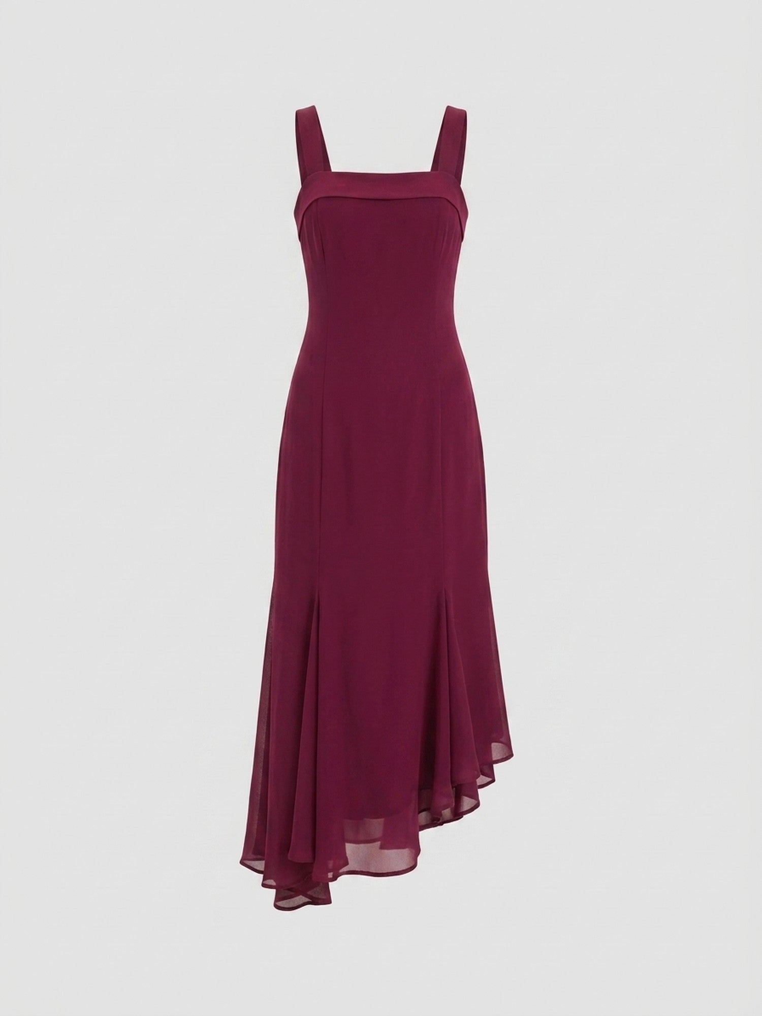 Vestido Largo de Gasa con Volante Asimétrico - Burdeos