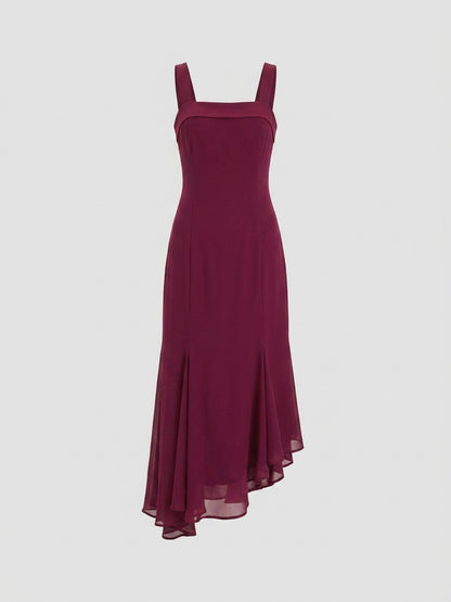 Vestido Largo de Gasa con Volante Asimétrico - Burdeos