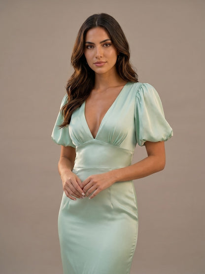Vestido Largo Satinado de Manga Abullonada