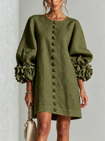 Amalia — Vestido de Lino con Puños de Rosa - Verde Oliva