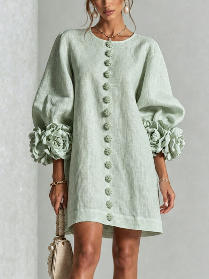 Amalia — Vestido de Lino con Puños de Rosa - Verde Salvia