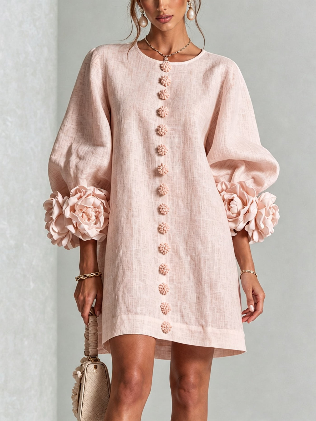 Amalia — Vestido de Lino con Puños de Rosa - Rosa Empolvado