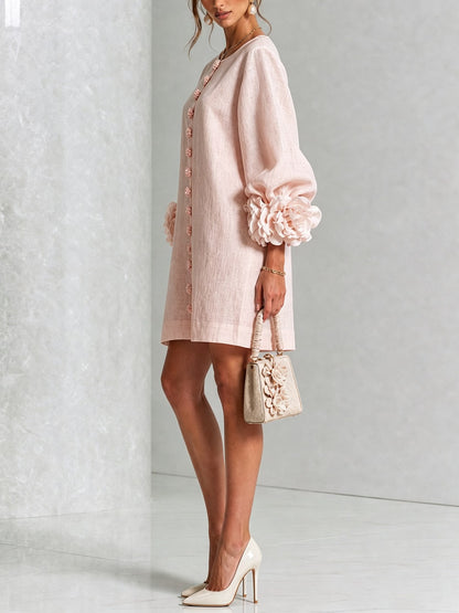 Amalia — Vestido de Lino con Puños de Rosa - Rosa Empolvado