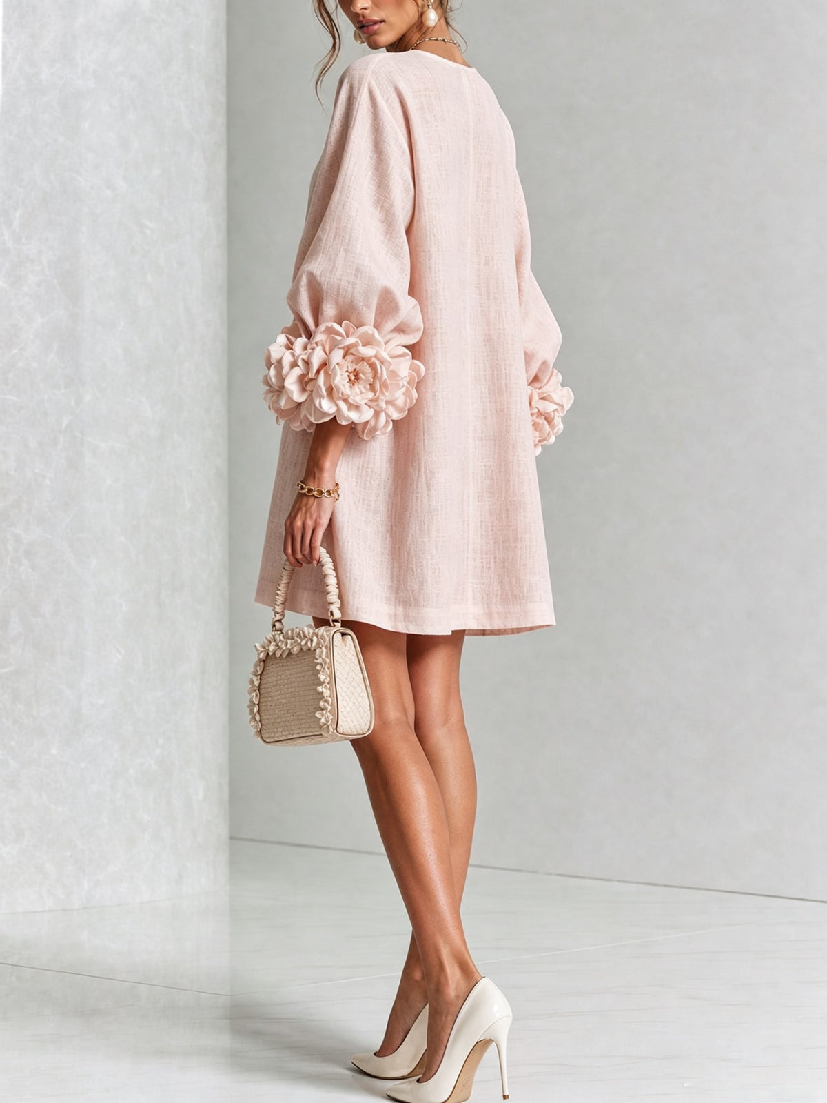 Amalia — Vestido de Lino con Puños de Rosa - Rosa Empolvado