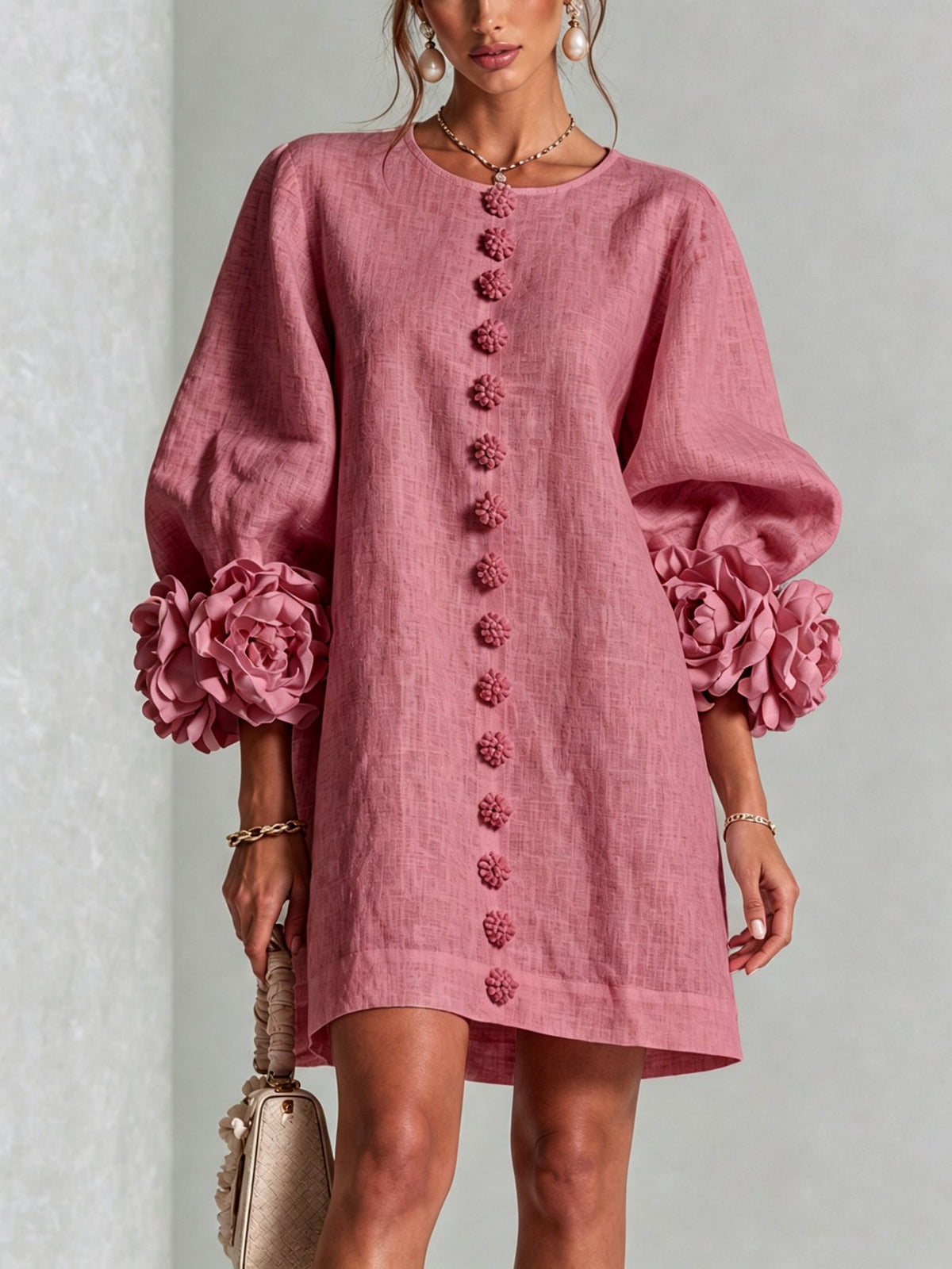 Amalia — Vestido de Lino con Puños de Rosa - Rosa Antiguo