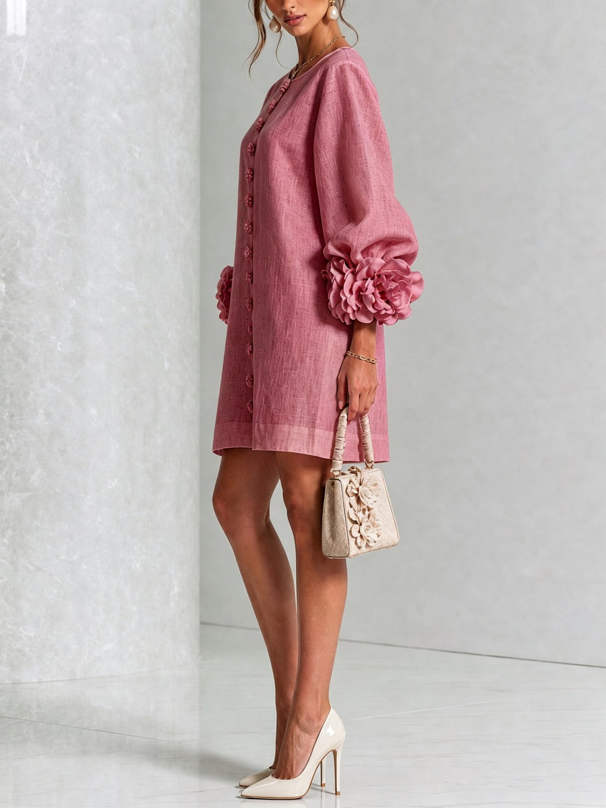 Amalia — Vestido de Lino con Puños de Rosa - Rosa Antiguo