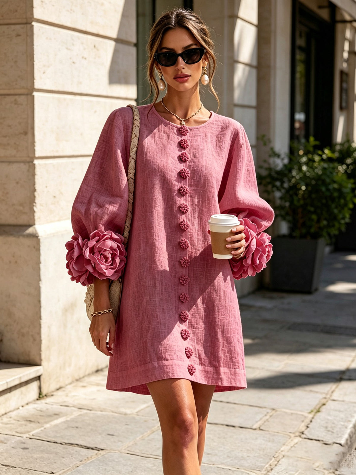 Amalia — Vestido de Lino con Puños de Rosa - Rosa Antiguo