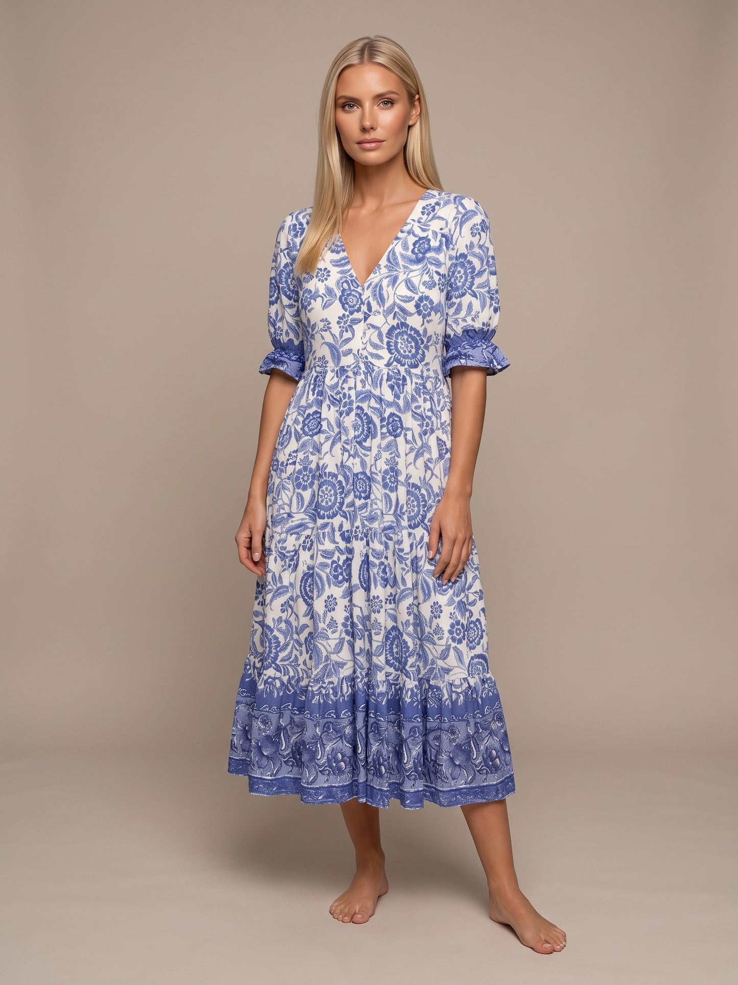 Manoli | Vestido Midi Floral con Cuello en V - Azul