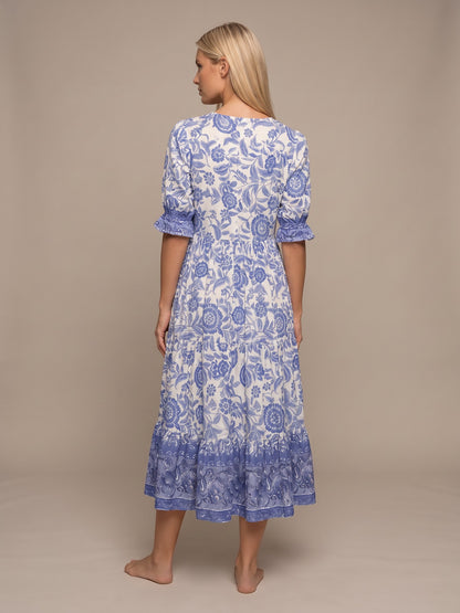 Manoli | Vestido Midi Floral con Cuello en V - Azul