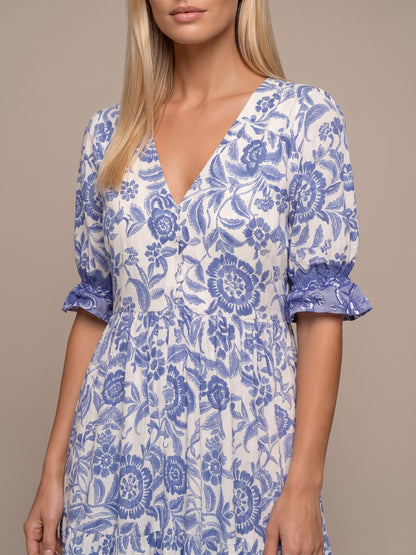 Manoli | Vestido Midi Floral con Cuello en V - Azul