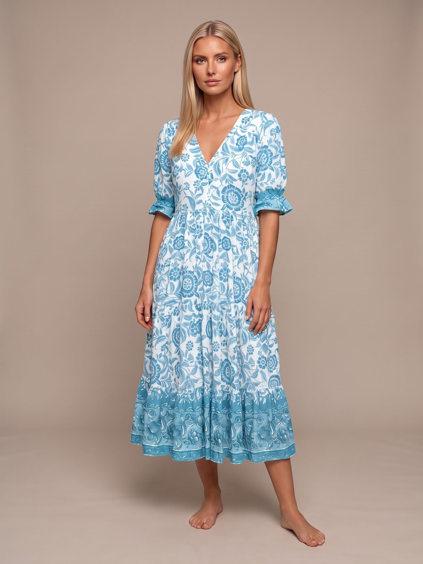 Manoli | Vestido Midi Floral con Cuello en V - Azul cielo