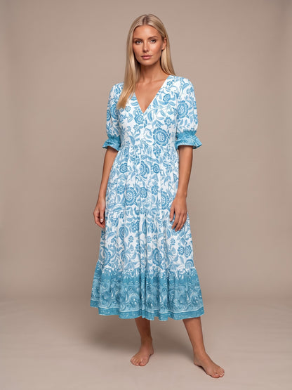 Manoli | Vestido Midi Floral con Cuello en V - Azul cielo