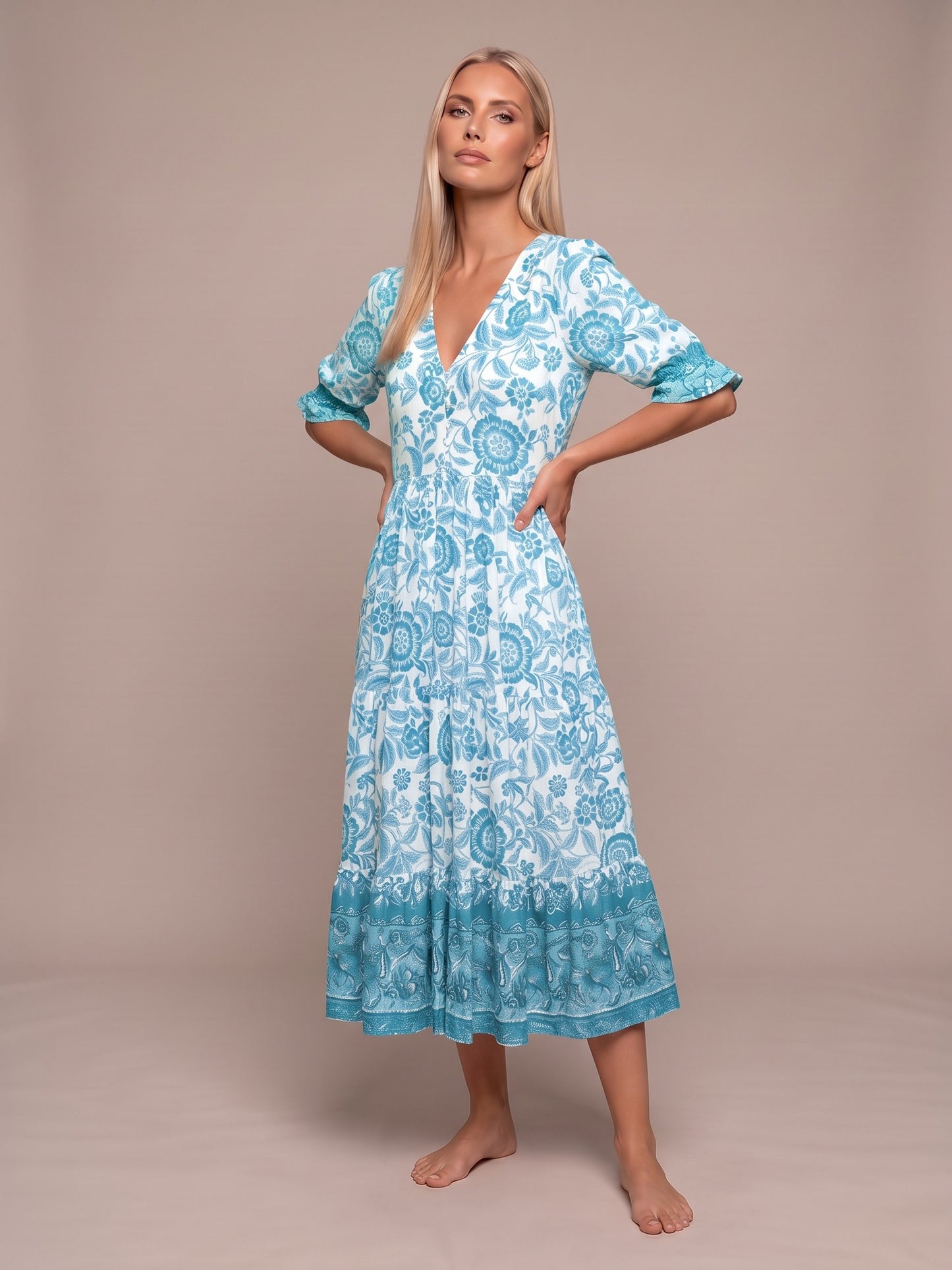 Manoli | Vestido Midi Floral con Cuello en V - Azul cielo