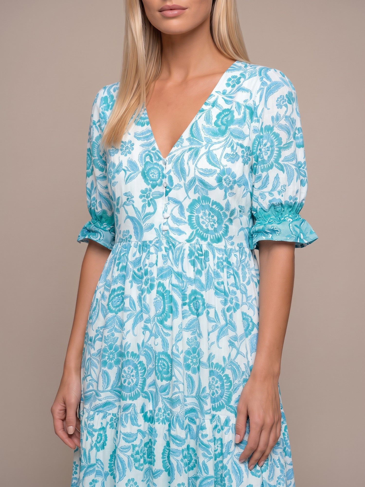 Manoli | Vestido Midi Floral con Cuello en V - Azul cielo