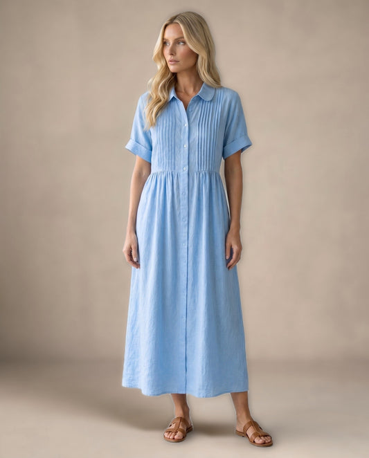 Vestido Midi Camisero de Lino - Azul claro