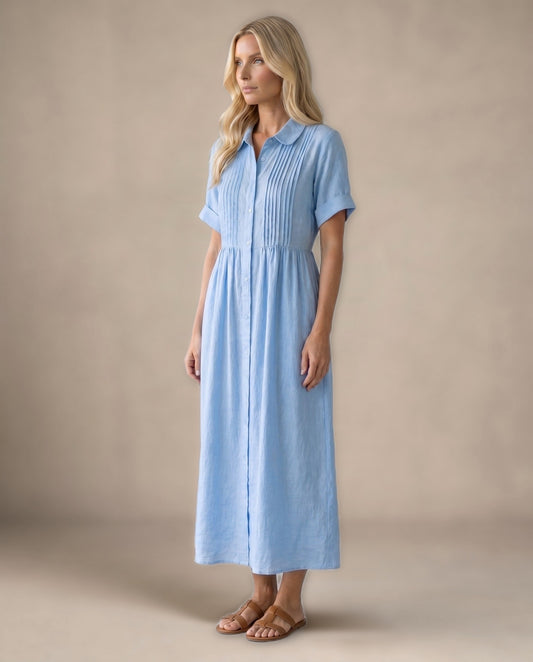 Vestido Midi Camisero de Lino - Azul claro