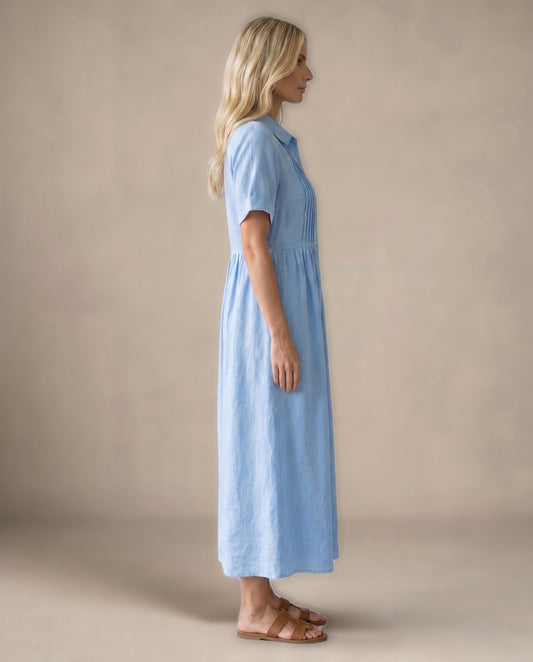Vestido Midi Camisero de Lino - Azul claro