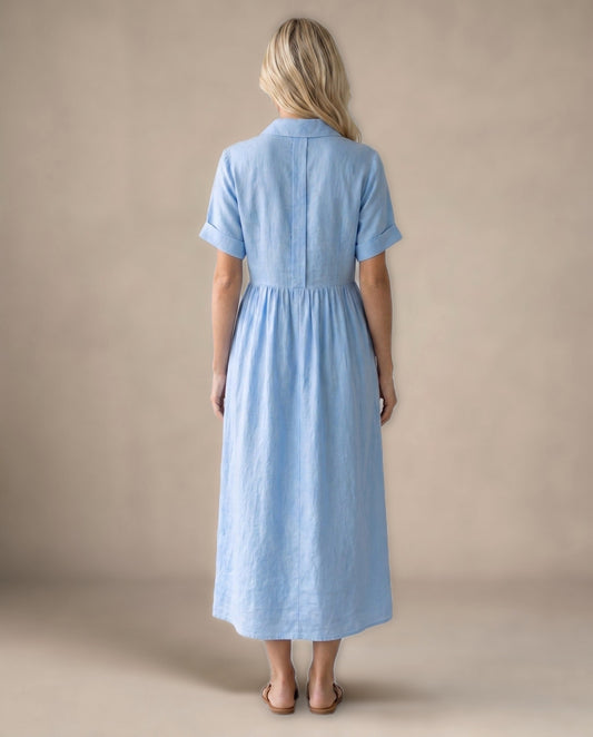 Vestido Midi Camisero de Lino - Azul claro