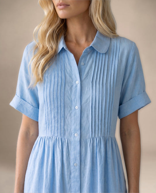 Vestido Midi Camisero de Lino - Azul claro