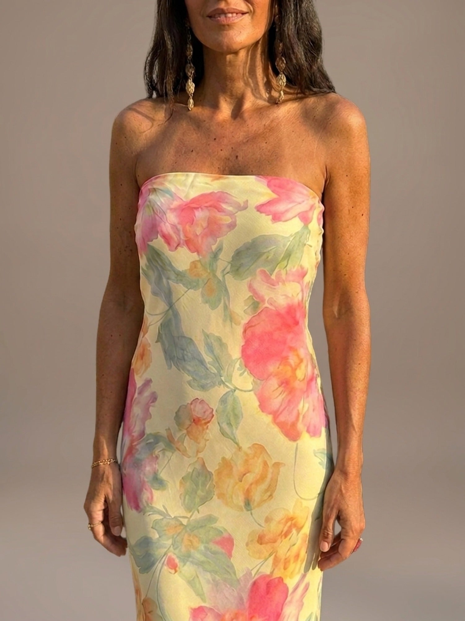Vestido Largo Palabra de Honor Floral Acuarela - Acuarela Pastel