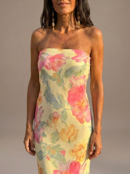 Vestido Largo Palabra de Honor Floral Acuarela - Acuarela Pastel