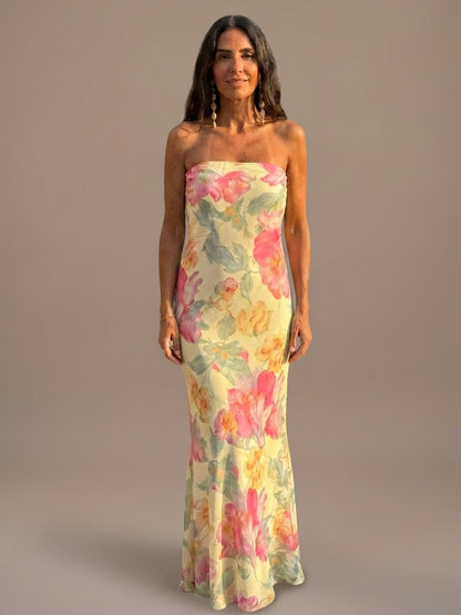 Vestido Largo Palabra de Honor Floral Acuarela - Acuarela Pastel