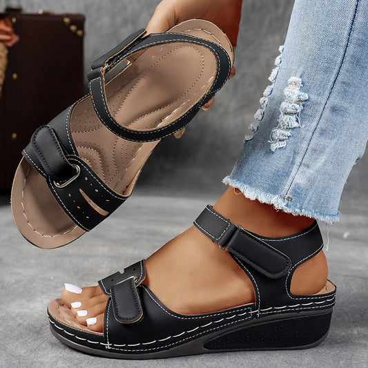 Carmela — Sandalia de Cuña con Velcro - Negro Milán