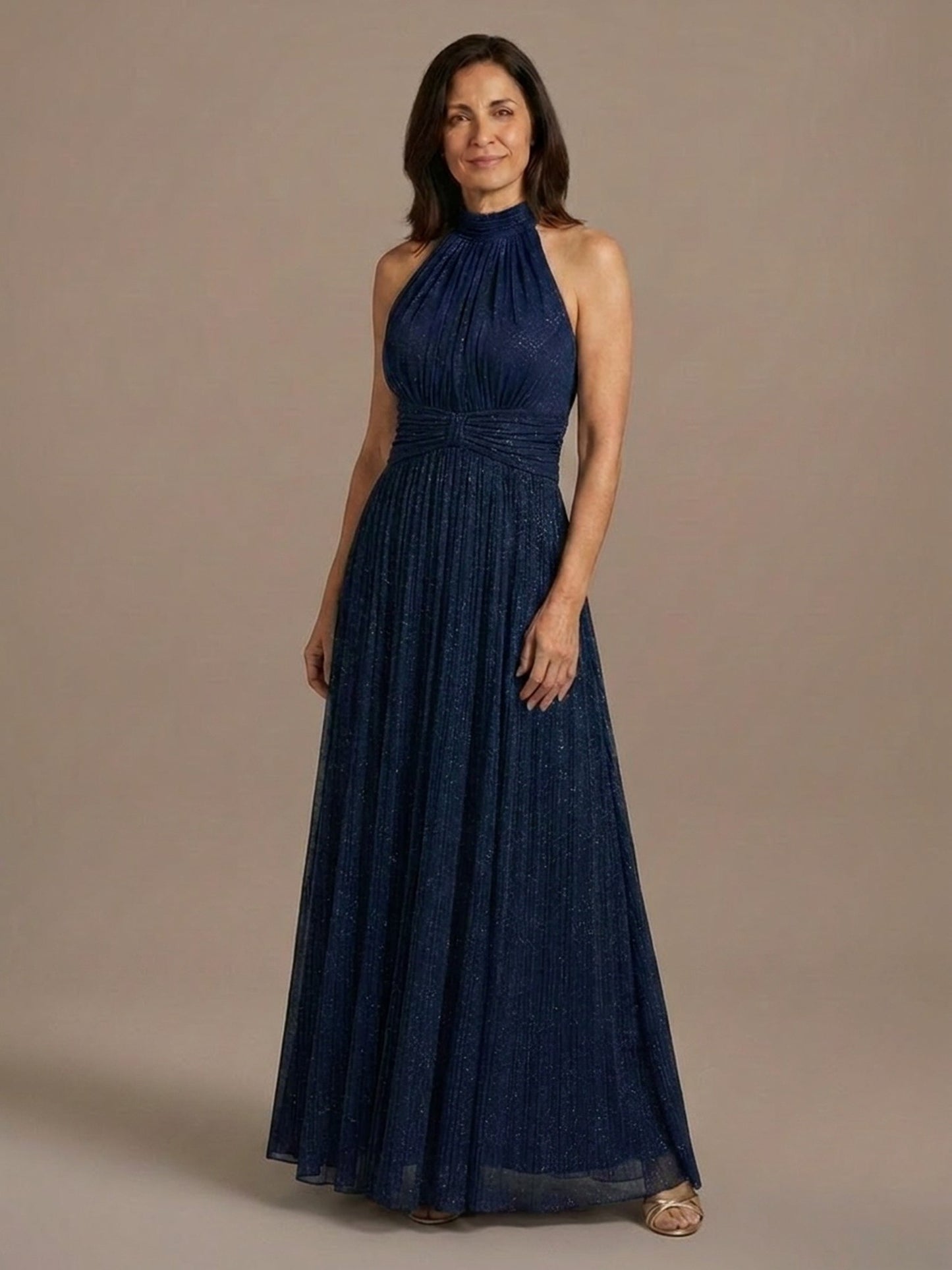 Vestido Halter de Gasa con Brillo - Azul Marino