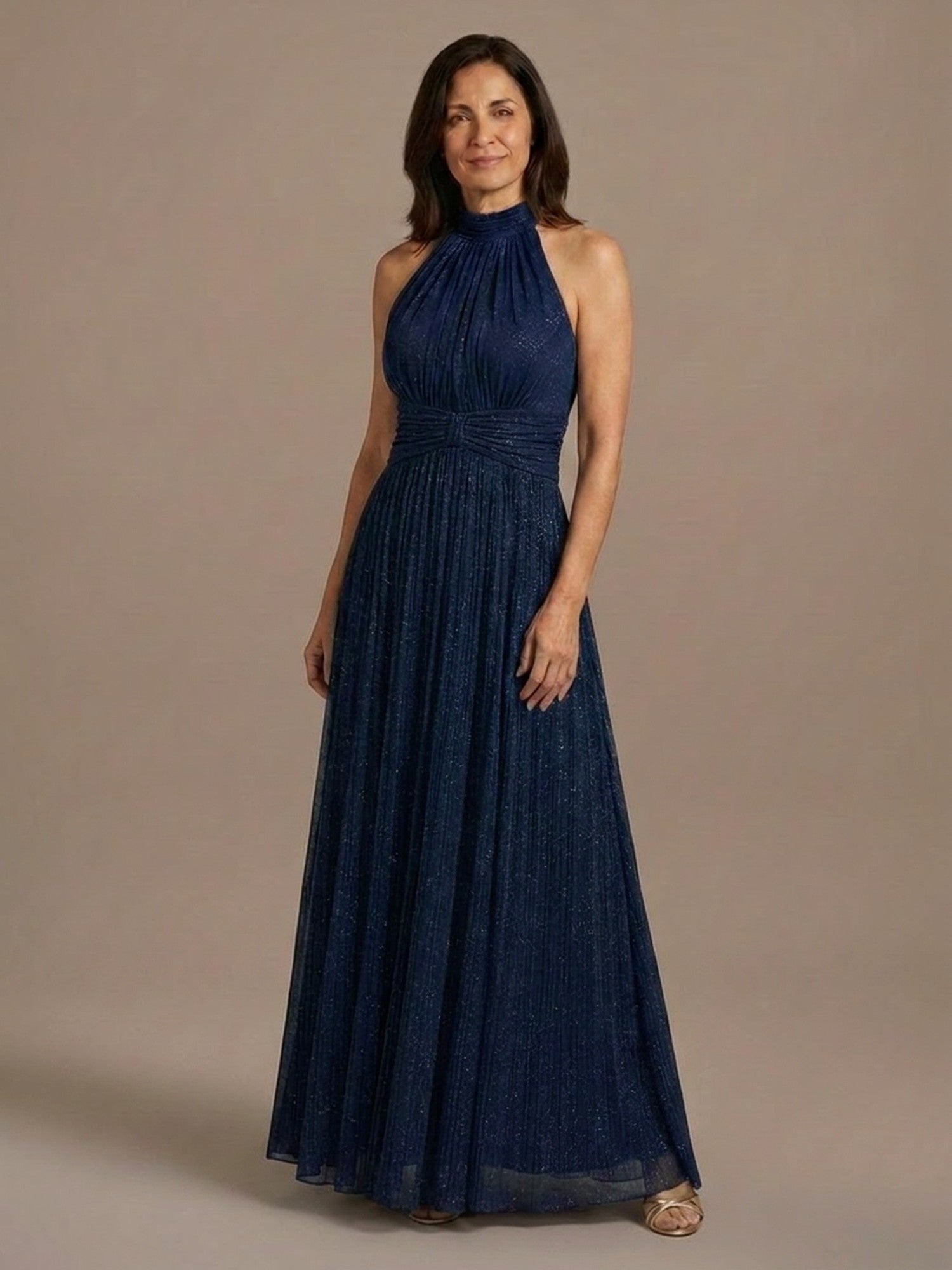 Vestido Halter de Gasa con Brillo - Azul Marino