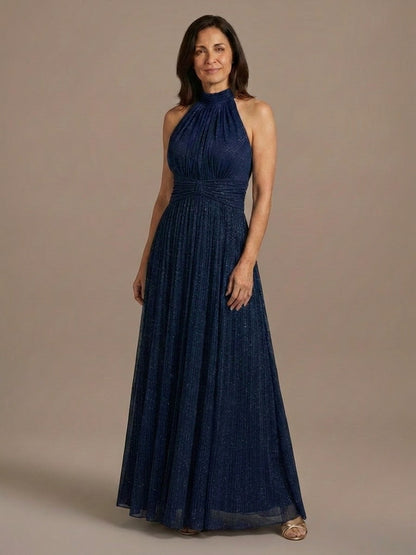 Vestido Halter de Gasa con Brillo - Azul Marino