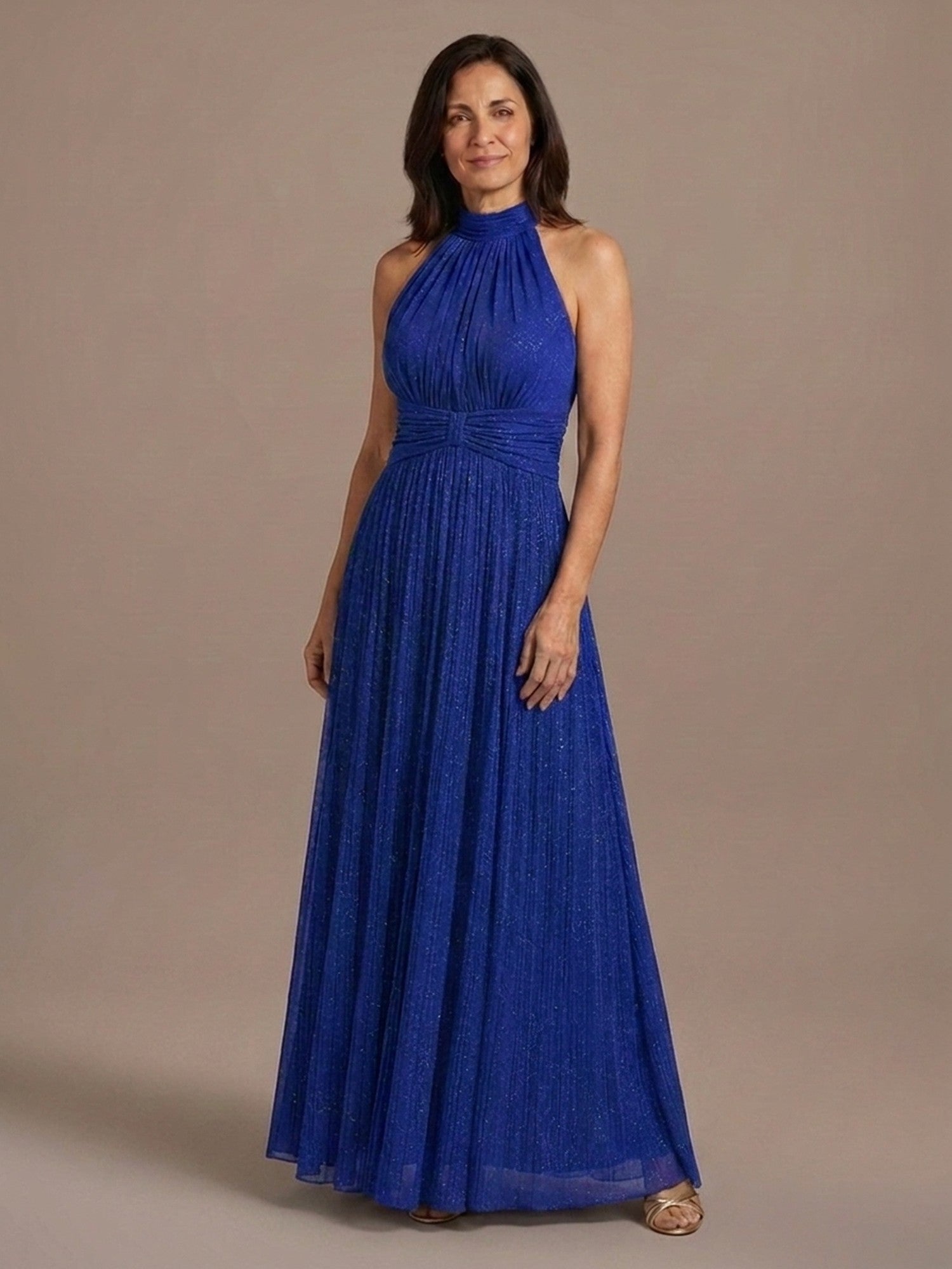 Vestido Halter de Gasa con Brillo - Azul Zafiro